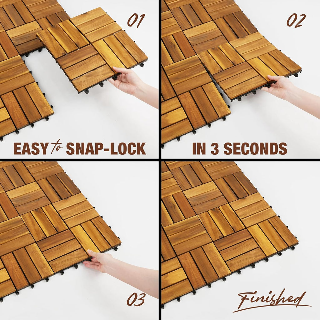 Premium Acacia Wood Interlocking Deck Tiles, 9 PCS 12"x12"x0.9" Patio Flooring, Waterproof Decking Tiles for Balcony