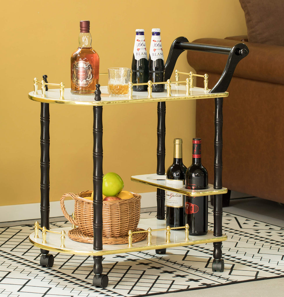 Serving Bar Cart Tea Trolley, 2 Tier Shelves on Rolling Wheels, Mobile Liquor Bar for Wine Beverage Drink Dinner