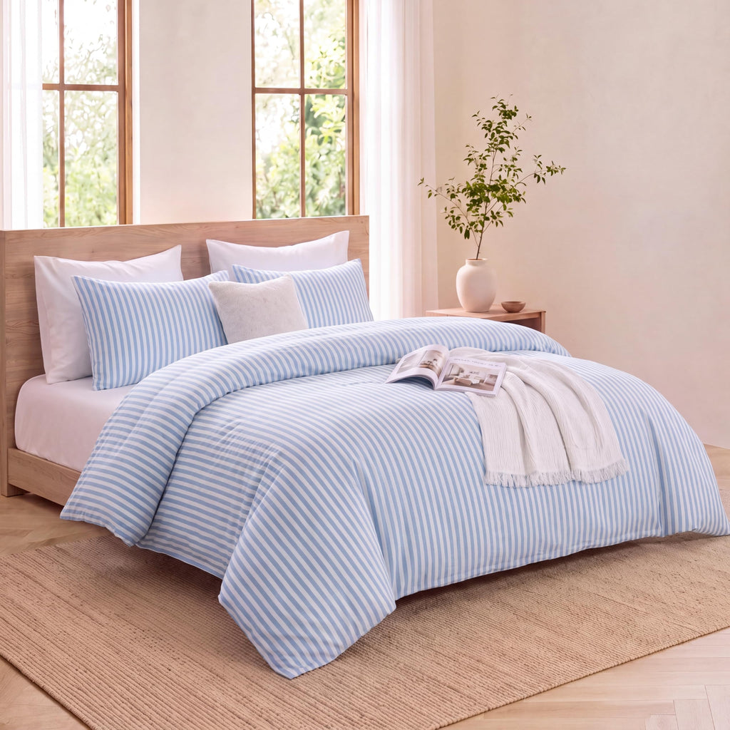 Blue Striped Comforter Set, 100% Cotton Comforter Set, 3-Piece
