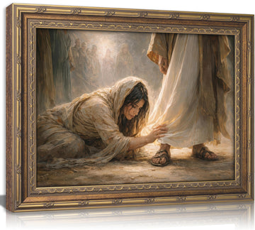 Vintage Gold Framed Jesus Wall Art, Woman Touching Jesus Robe Christian Painting Canvas Print, Bible Story Picture