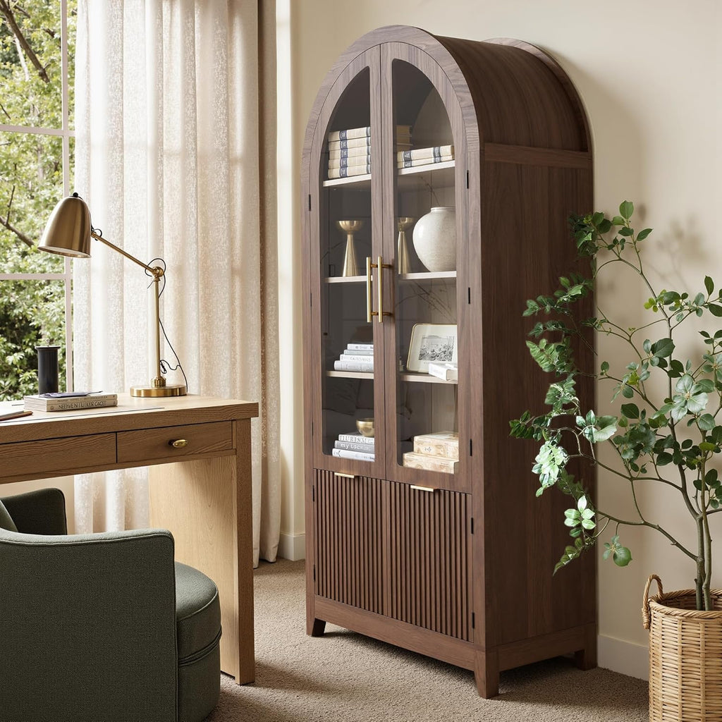 69" Tall Arched Cabinet with Glass Doors, 5-Tier Shlelves, Walnut | Mid Century Modern Fluted Bookcase, Pantry