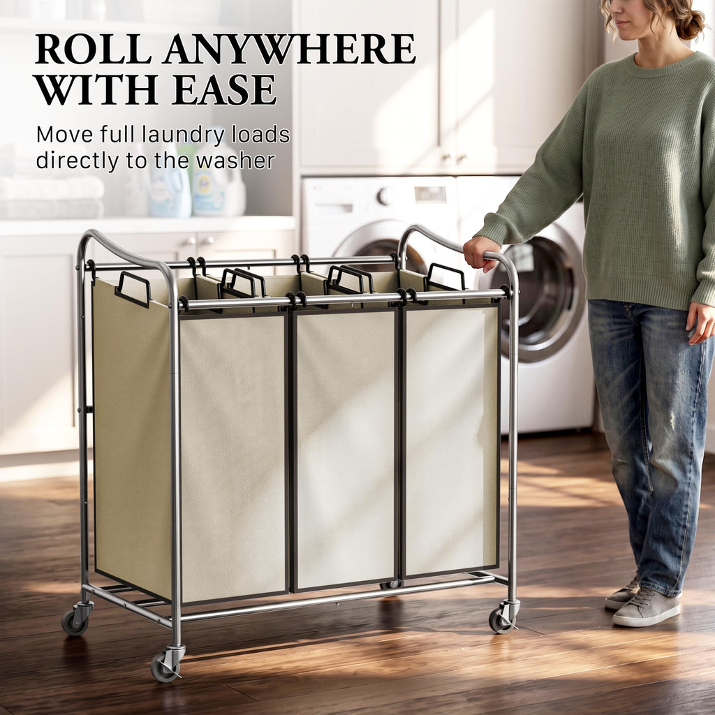 Heavy Duty 3-Bag Laundry Sorter Rolling Cart, Chrome