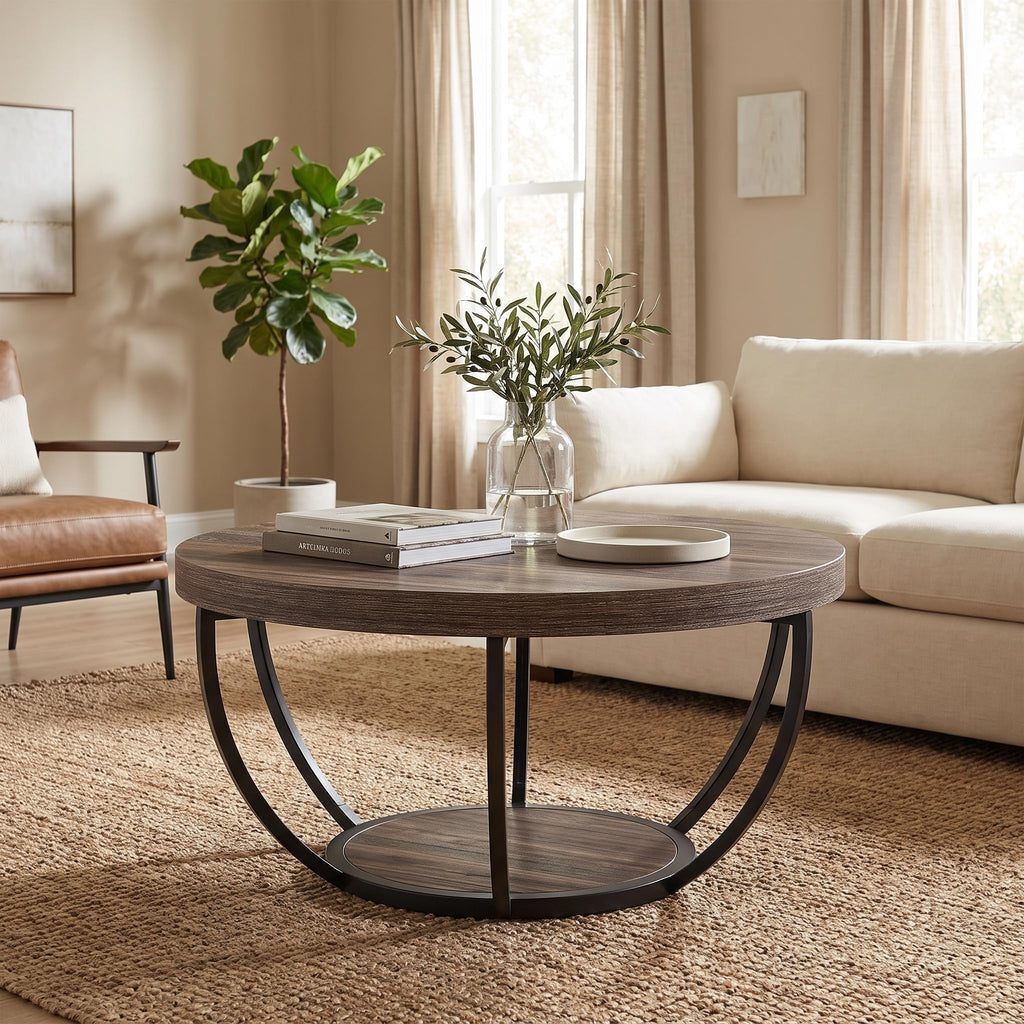 31.7" Round Wooden Coffee Table with Storage Pedestal