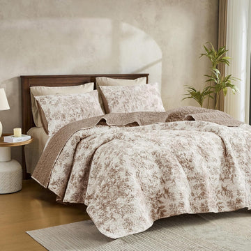 Taupe Floral Quilt, Summer Cooling 3 Piece Cotton Vintage Farmhouse Bedding Set, Machine Washable Lightweight
