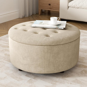 30 Inch Round Storage Ottoman,Modern Tufted Ottomans,Circular Coffee Table with Removable Top,Upholstered Large