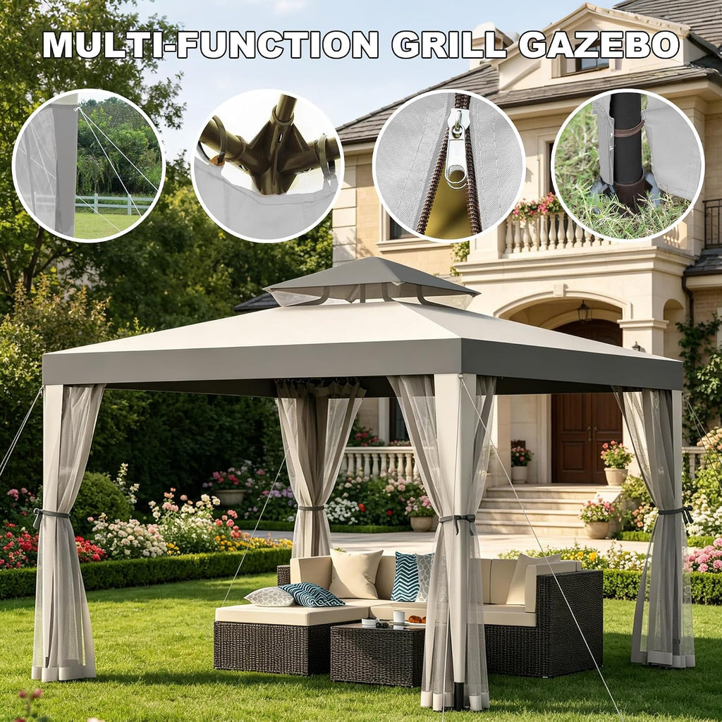 Outdoor Gazebo 10×10 Canopy Tent with Mosquito Nettings & Double Roofs, Canopy Shelter for Party, Patio Gazebo (Gray