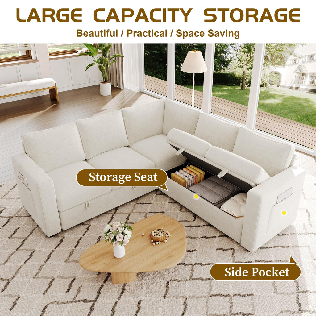 Sectional Sleeper Sofa, Pull Out Couch with Storage, Beige, 5 Seat