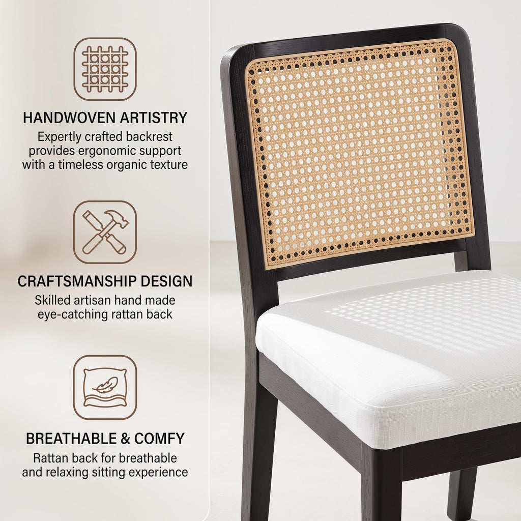 Modern Farmhouse Rattan Dining Chairs Set of 6, Beige Linen Upholstered Dining Room Chair with Cane Back Mid Century