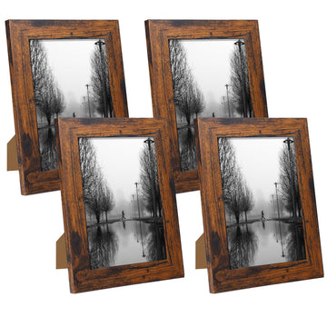 5x7 Picture Frame Set of 4, High Definition Glass 5 x 7 Frame, Wood Rustic Photo Frames for Horizontal or Vertical