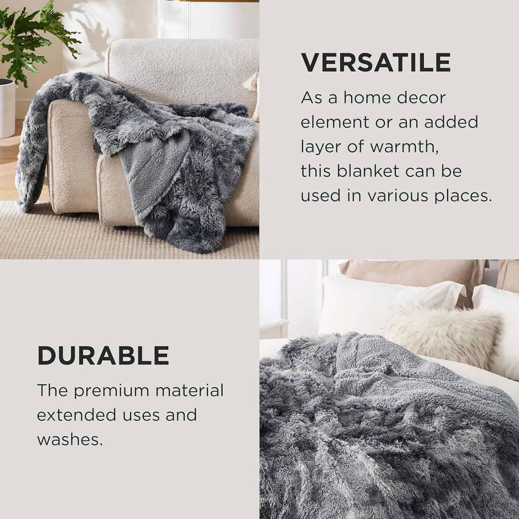 Faux Fur Fluffy Sherpa Fleece King Bed Blanket Grey 108"x90" | Fuzzy Plush, Thick Warm, Fall, Comfort Cozy Soft Home