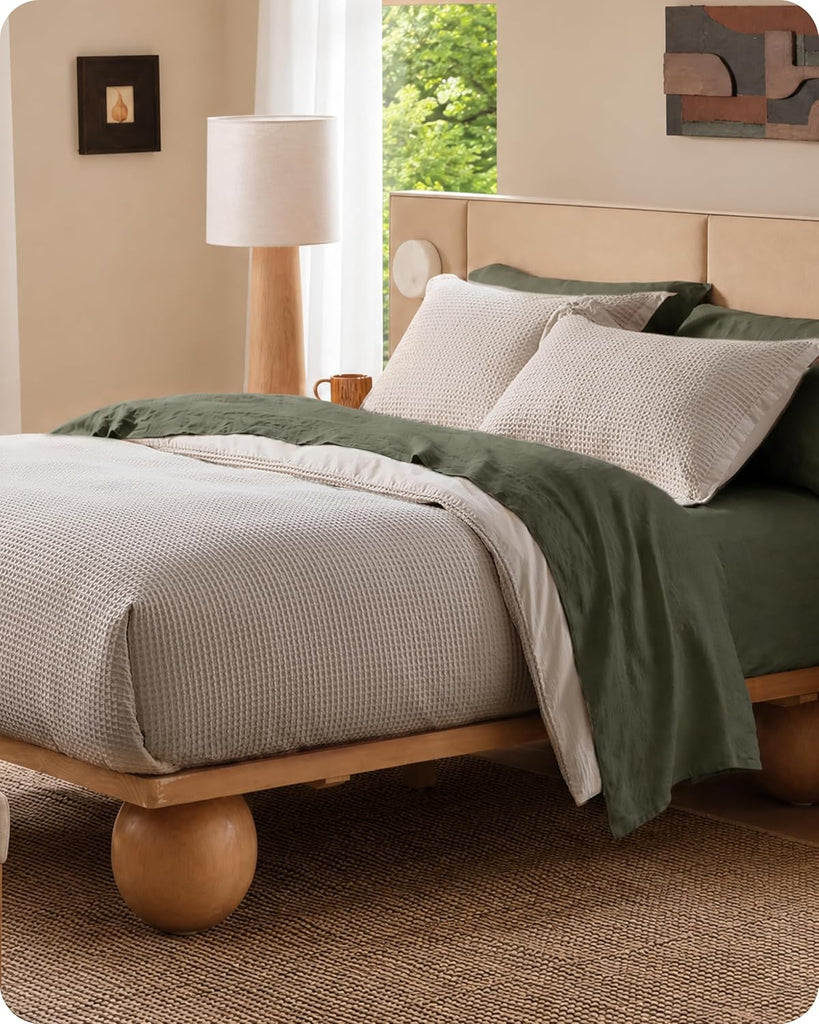 Cotton Duvet Cover King - 100% Cotton Waffle Weave Linen Color Duvet Cover, PureWoven Breathable King Bedding Set for All Season, 3 Pieces, 104"x90"