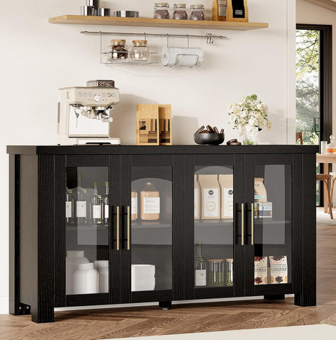 Buffet Cabinet with Storage, 59" Sideboard Credenza with Tempered Glass Doors, Wood Buffet Table for Living Room