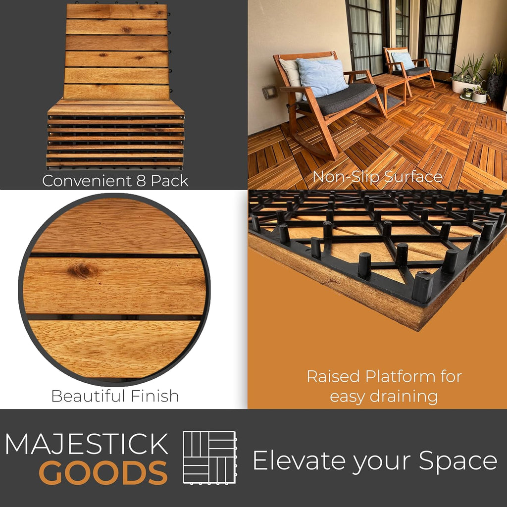Interlocking Long Slat Deck Tiles, Acacia Wood Interlocking Deck Tiles - Easy Installation for Patio Flooring &