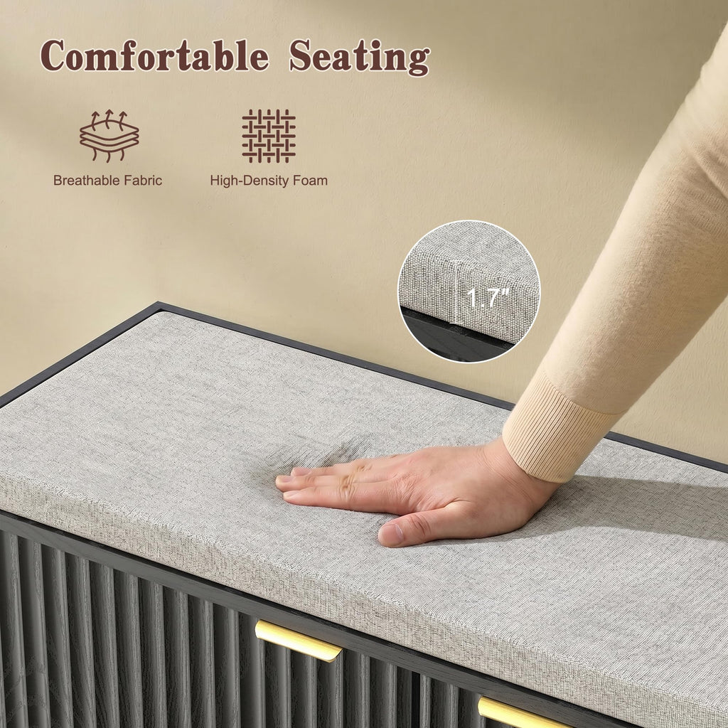 2-Tier Fluted Shoe Storage Bench with Adjustable Shelves and Cushion, Black丨Entryway Shoe Bench Hidden Shoe Cabinet