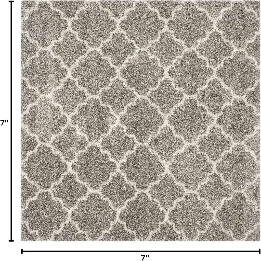 Hudson Shag Collection 7' x 7' Square Grey/Ivory SGH282B Moroccan Trellis Non-Shedding Living Room Bedroom Dining