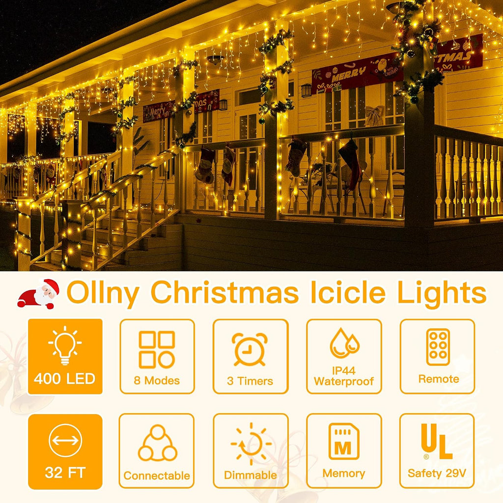 Icicle Lights for Outside 400LED 32FT, Warm White Christmas Light with Remote 8Modes Timers Waterproof, Plug