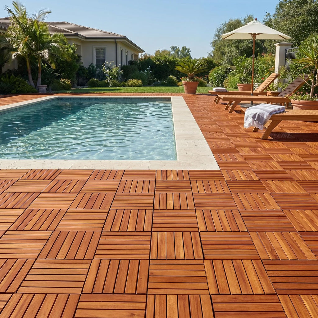 Interlocking Deck Tiles 12”x12”, Acacia Wood Patio Tiles, Waterproof Flooring Tiles for Indoor and Outdoor - Non-Slip