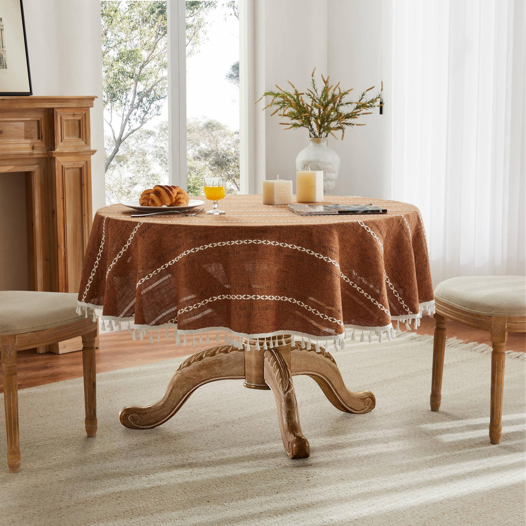 Hemstitched Striped Boho Table Cloth, 60 Inch Round Caramel