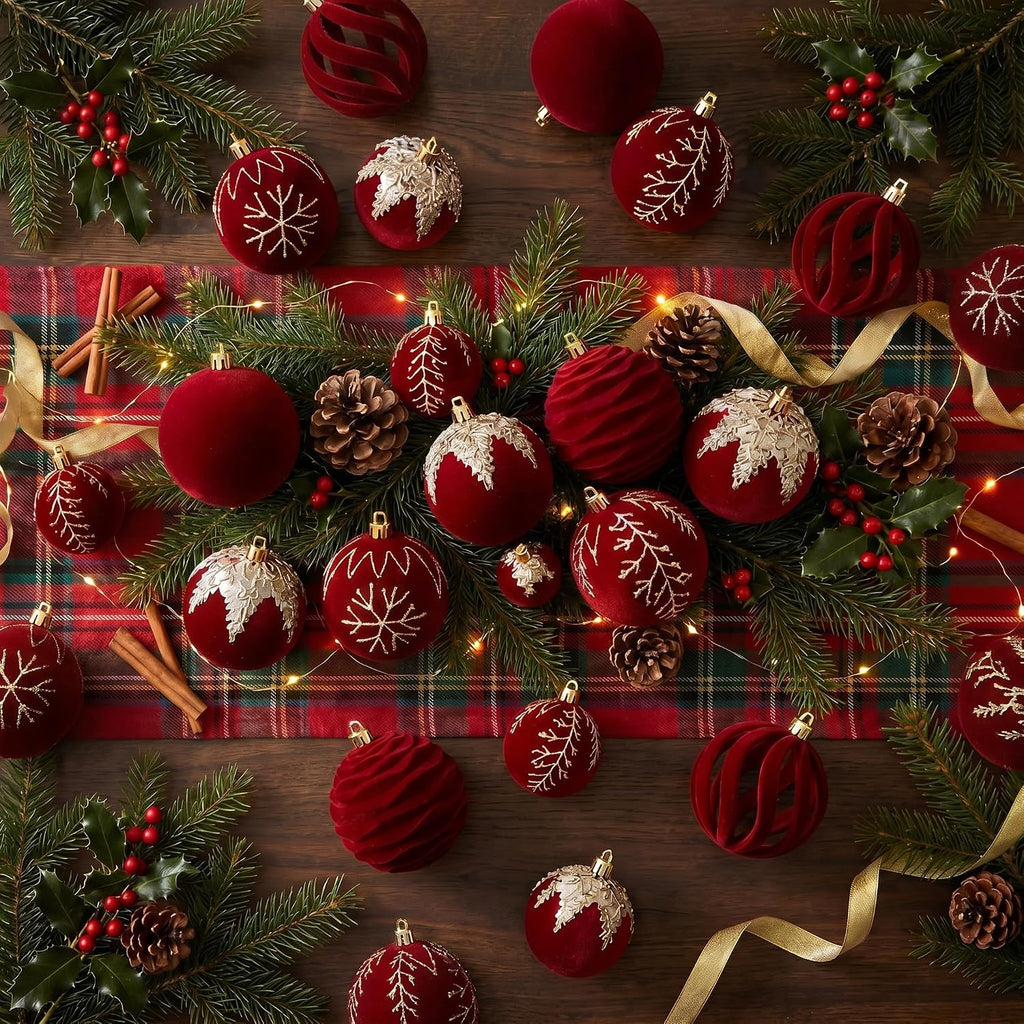 Burgundy Red Velvet Christmas Ball Ornaments Set - Set of 30
