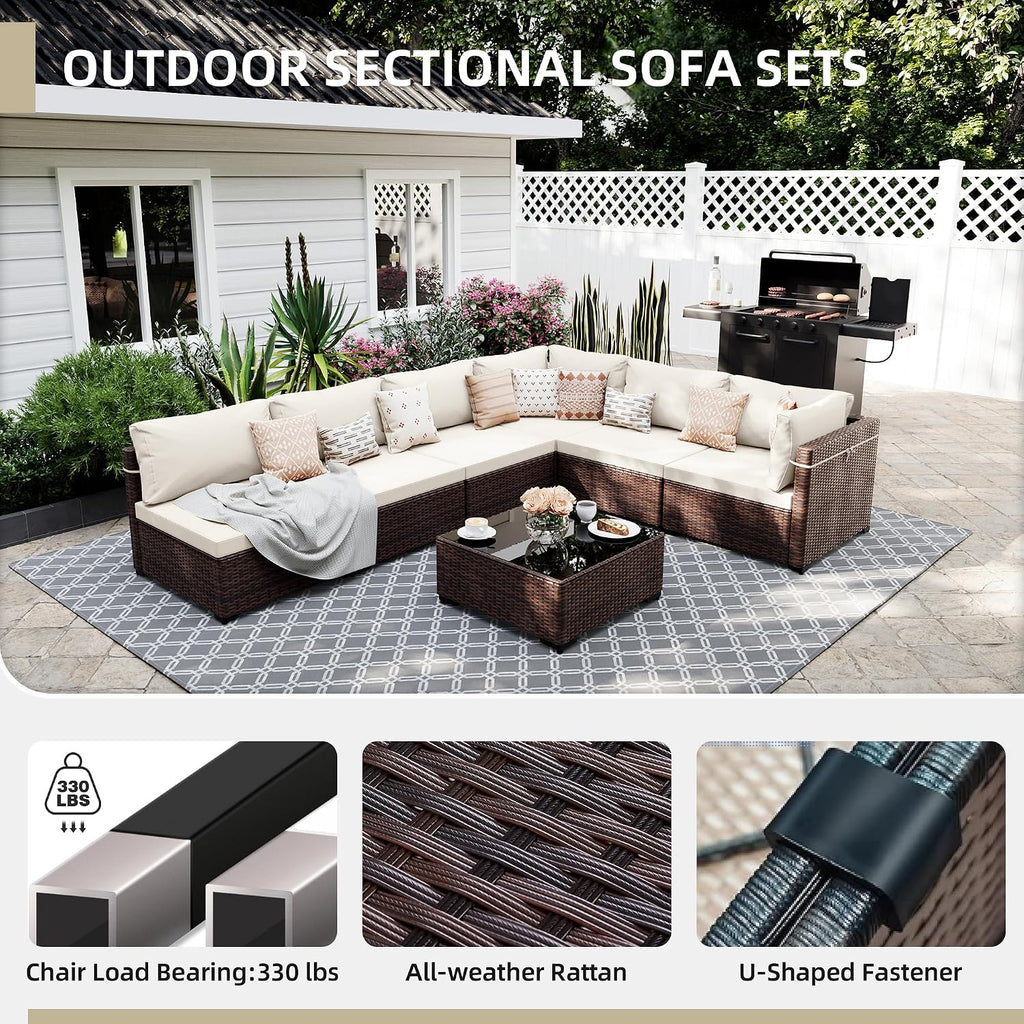 7-Piece Wicker Patio Furniture Set with Coffee Table, White | Outdoor sectional sofa set, patio conversation set for