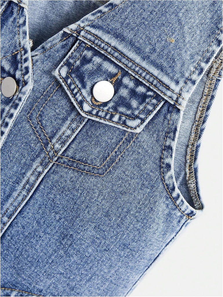Girl's Button Down Denim Vest V Neck Sleeveless Asymmetrical Jean Jacket