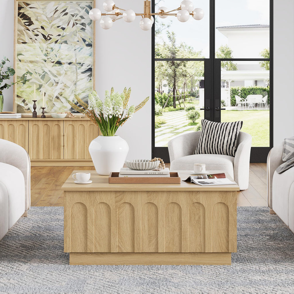 31.5" Lift Top Coffee Table with Storage, Arched Design, Oak