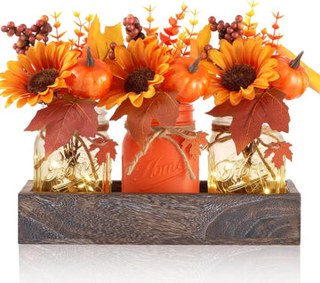 Mason Jar Fall Thanksgiving Table Decorations, Centerpieces for Tables - Set of 3