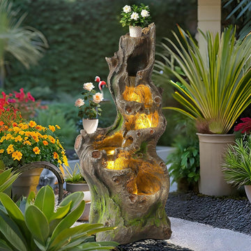 Outdoor Water Fountain, 40" H Tree Trunk Fountain with 5 Waterfalls, 6 Tiers Cascading Garden Water Feature with LED