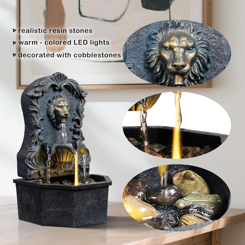 Tabletop Waterfall Fountain with Lion Head - Resin Table Top Water Fountains Indoor for Desk & Home Decor (RJ-21116N)