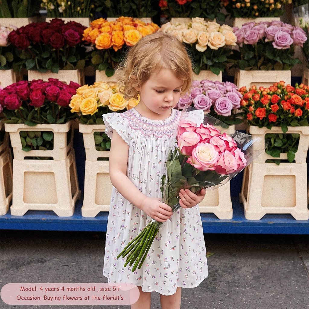 Baby Girl Smocked Dress Summer Casual Short Sleeve Dresses Floral Print Sundress Princess Dress for Toddlers