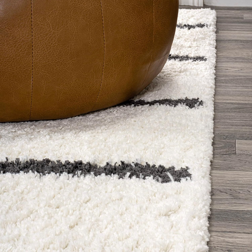 Alaro Berber Stripe Shag White/Gray Indoor Area Rug, Bohemian, Contemporary, Easy-Cleaning, Pet Friendly