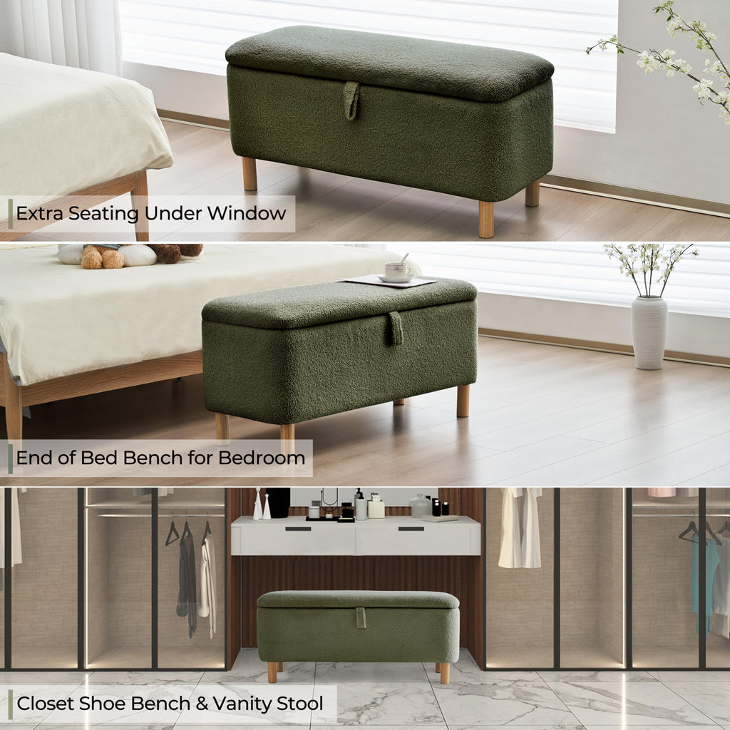 Boucle Storage Ottoman Bench end of Bed, Sherpa Upholstered Shoe Seat Storage Bench Bed Foot, Rectangle Cushion