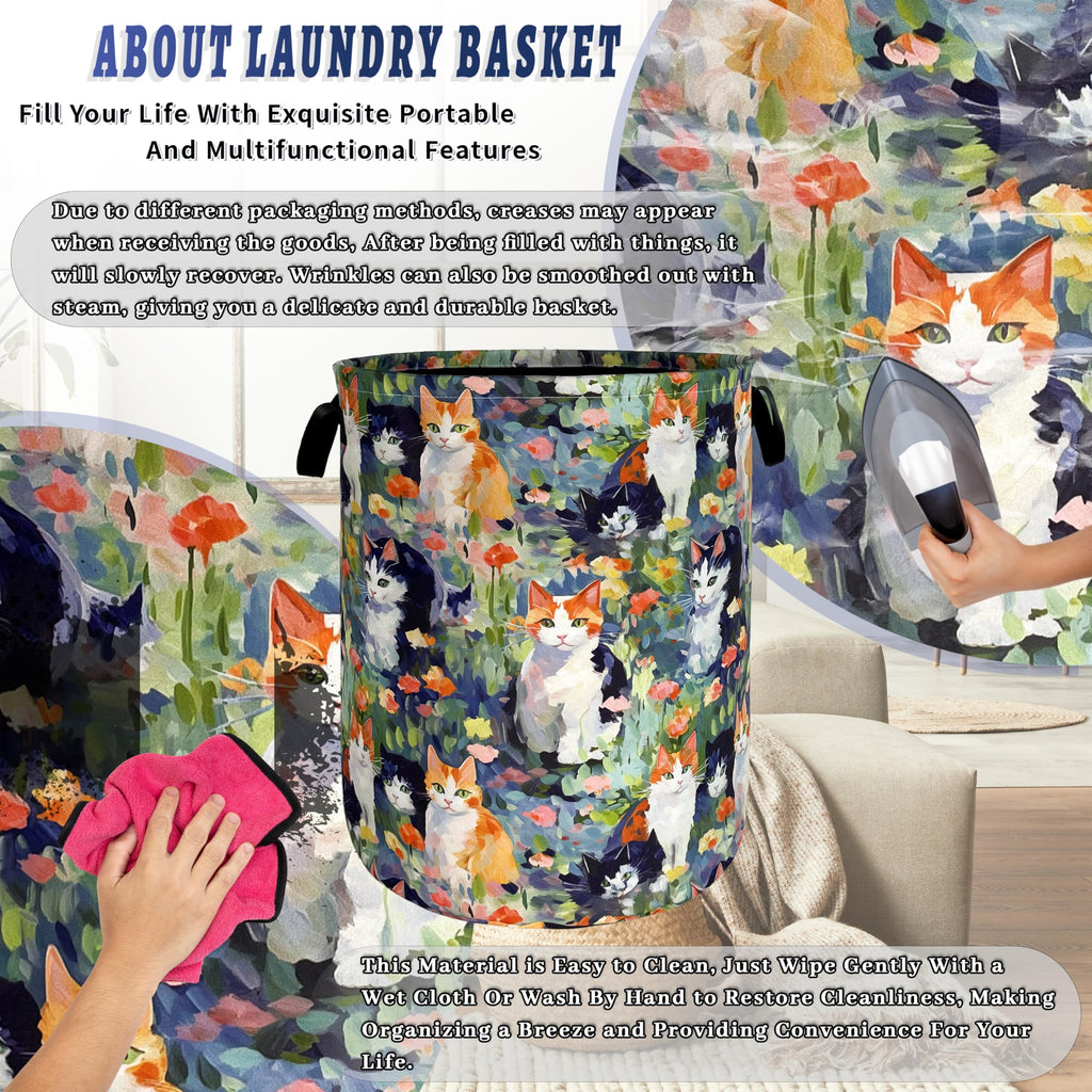 Watercolor Cats Laundry Hamper Oxford Cloth Basket 18.9"x16.5"