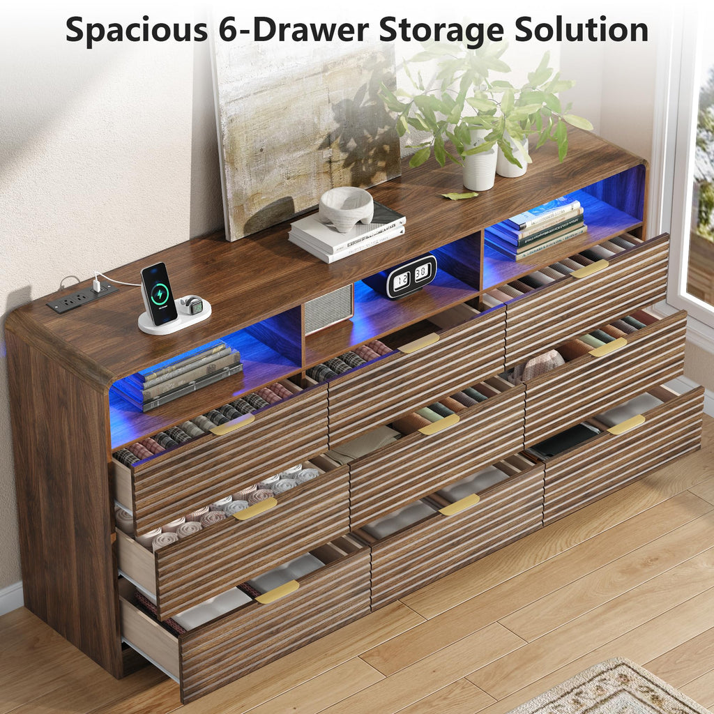 63'' Wide Fluted 9 Drawers Dresser with 3 Cubbies, LED Dressers & Chests of Drawers with Power Outlet, Modern Fluted