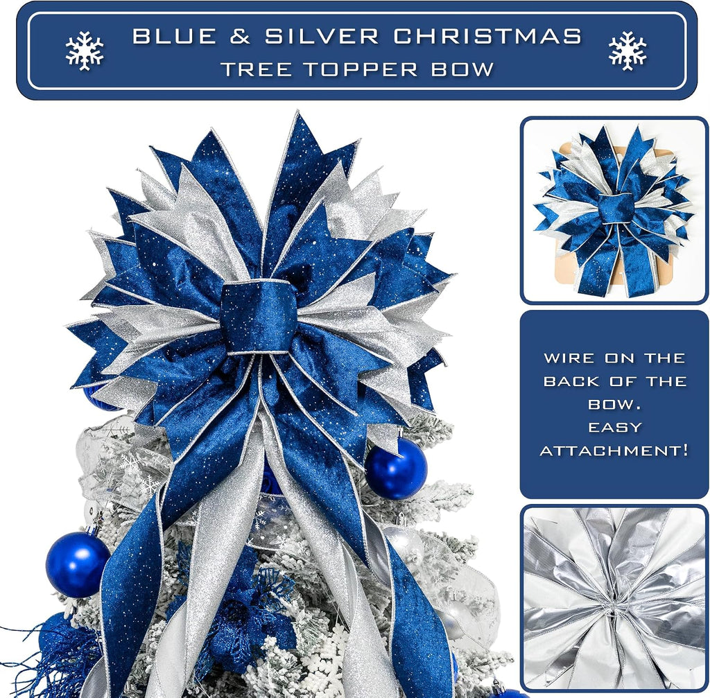 Large Christmas Tree Topper Bow,Blue & Silver 53x13 Inches