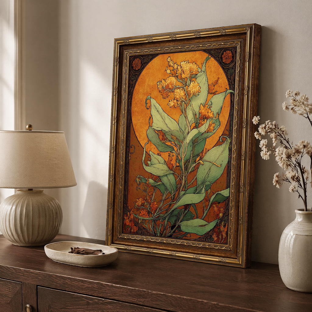 Vintage Gold Framed, Art Nouveau Botanical Floral Canvas Wall Art
