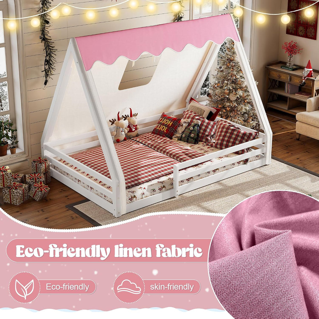 Full Size House Floor Bed with Canopy Tent and LED Lights, Wood Teepee Montessori Floor Beds Frame with Guardrails