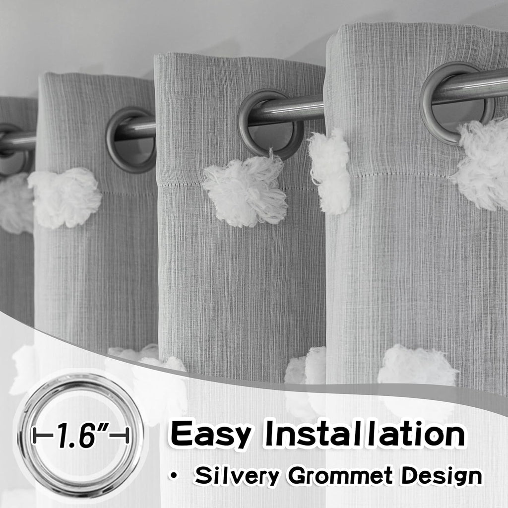 Living Room Curtains, 84 Inch Long Grey Blackout Curtains with Pom Pom Trim, Double Layer Sheer Drapes for Kids Room