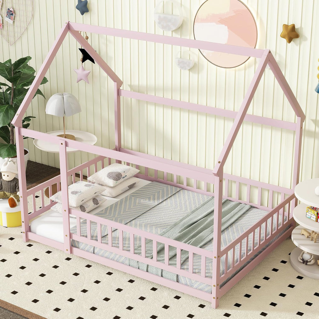 Pink House Bed, Solid Wood Montessori Floor Bed