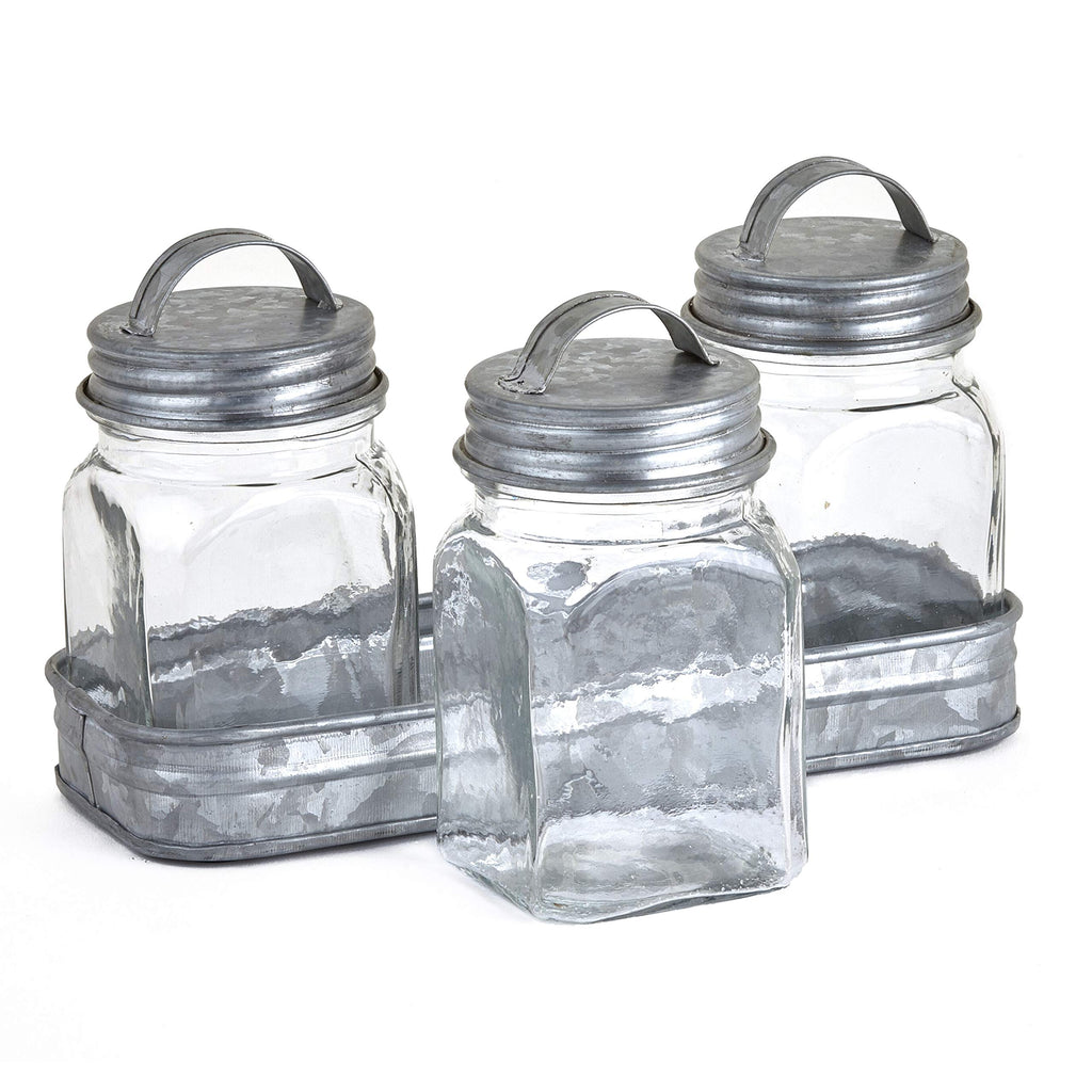 Set of 3 Glass Kitchen Canisters with Galvanized Metal Tray