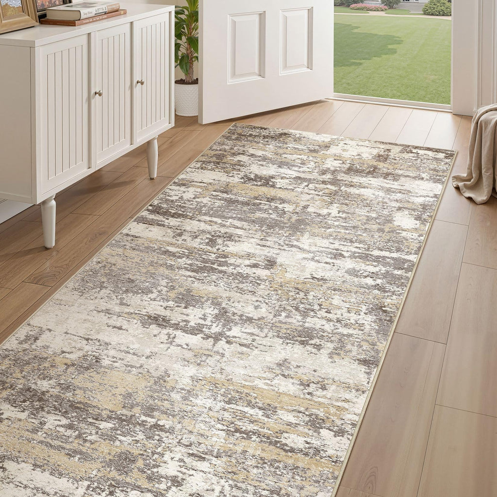 3x8 Runner Rug, Abstract Washable Hallway Rugs, Gold Brown