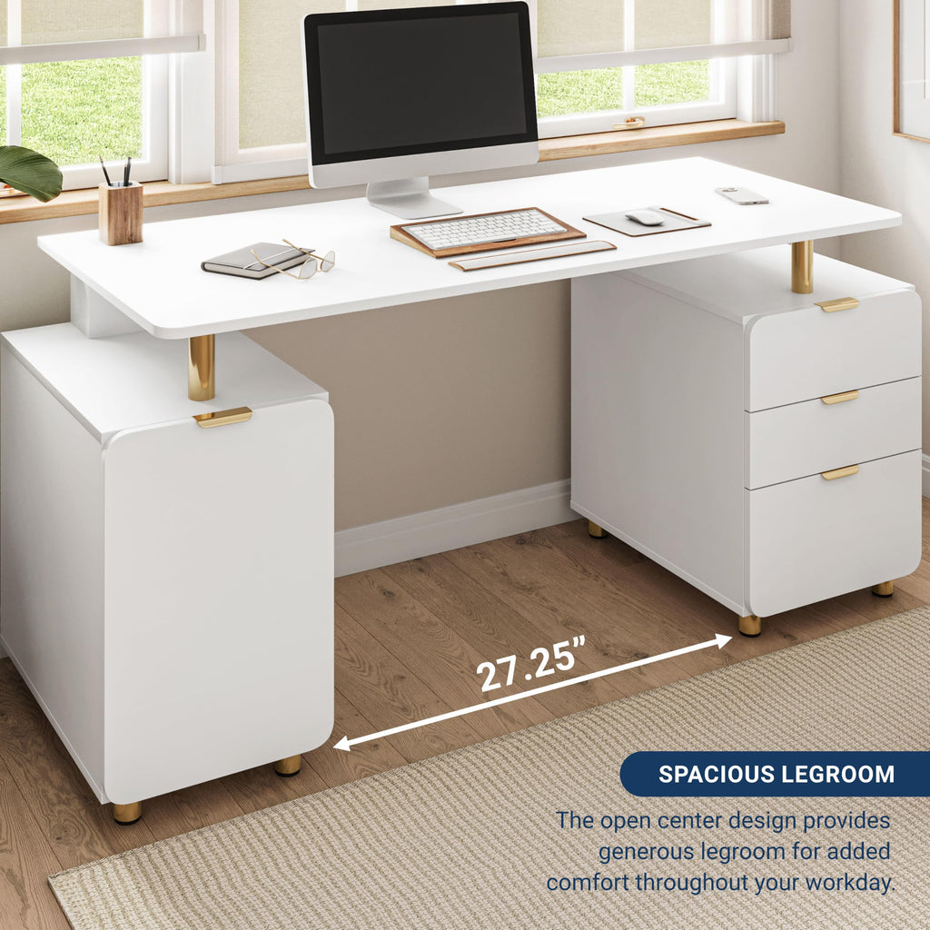 57"W Computer Desk w/ 3 Drawers & Storage Cabinet, White/Gold
