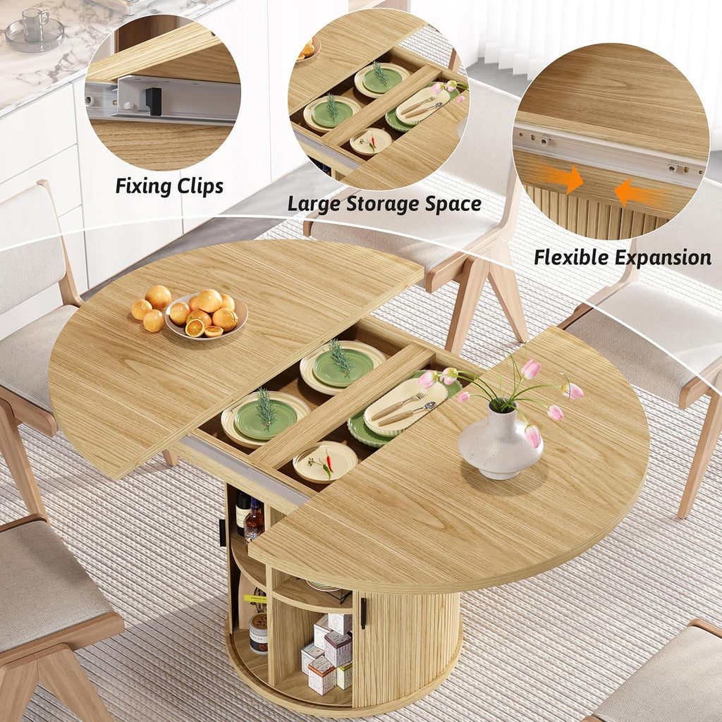 Extendable Dining Table 43-59" for 4-6 People, Solid Wood Top with Fluted Slide Door & 8-Compartment Storage, Space
