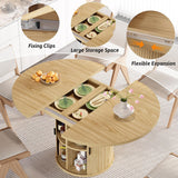 Extendable Dining Table 43-59" for 4-6 People, Solid Wood Top with Fluted Slide Door & 8-Compartment Storage, Space