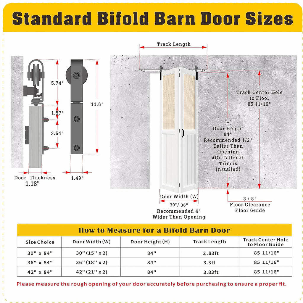 Bifold Barn Door, Cane Webbing Panel with Sliding Folding Closet Door Hardware Kit Set, 36"x 84" Fin