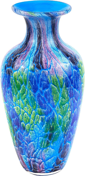 Firestorm Murano-Style Art Glass Vase - 10" Tall Decorative Mouth-Blown Glass Decor - Stunning Blown Glass Vase