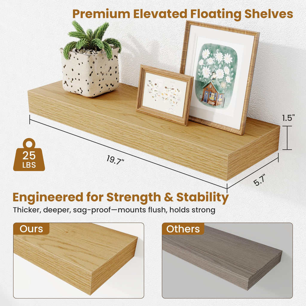 Floating Shelves Bathroom for Wall Mounted Shelves, 20 Inch Wood Shelf Set of 2, Home Storage & Display Decor, Oak