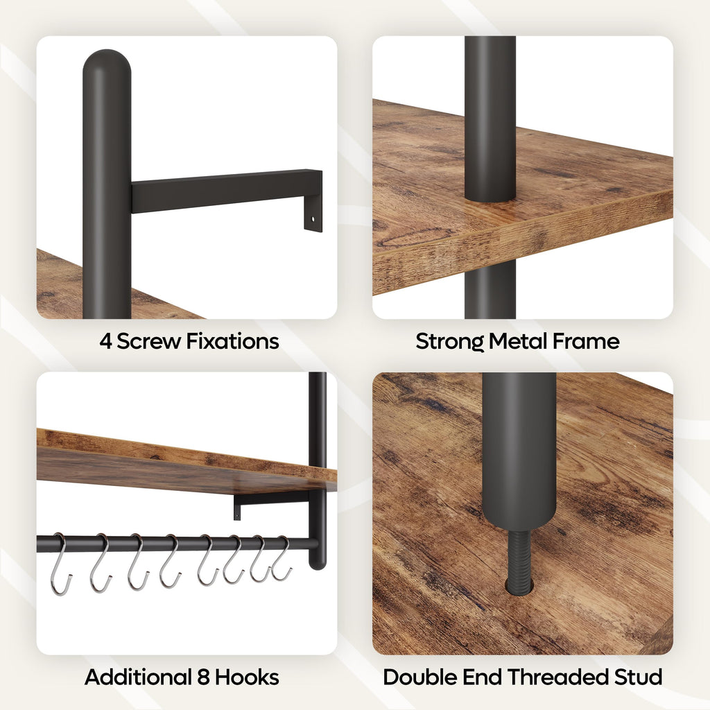 24 Inch 3 Tier Industrial Pipe Shelves with Towel Bar, Rustic Brown