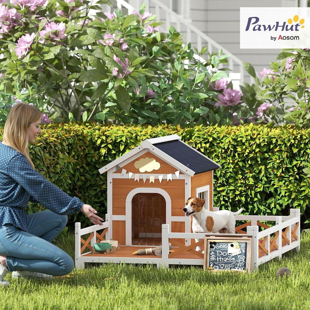 Outdoor Dog House, 56" Wooden Dog House with Large Porch, Weatherproof & Openable Roof, Elevated Base, Removable