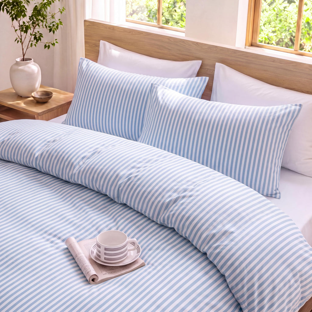 Blue Striped Comforter Set, 100% Cotton Comforter Set, 3-Piece